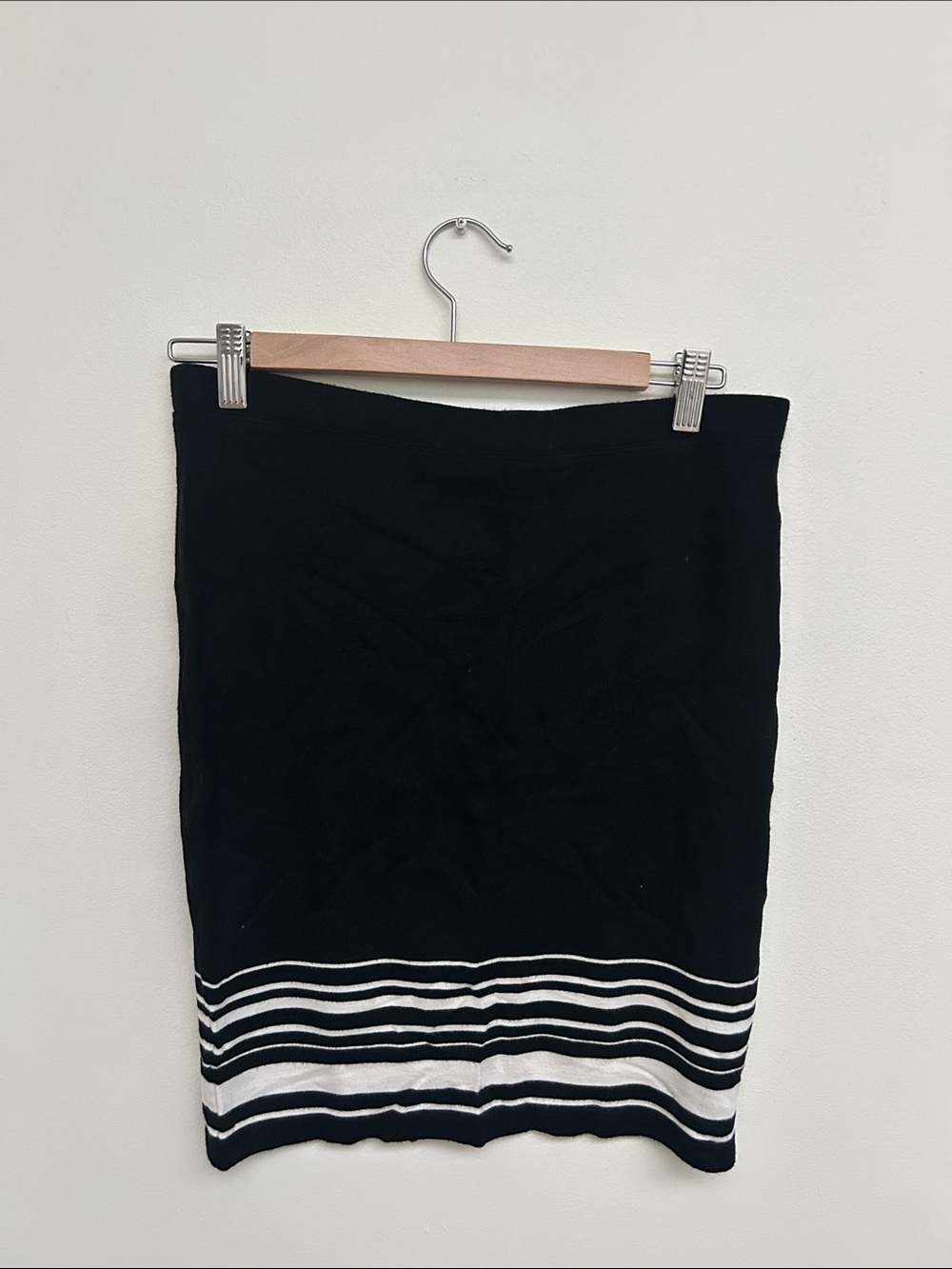 Max Studio Black Knit Pencil Skirt with White Striped Hem